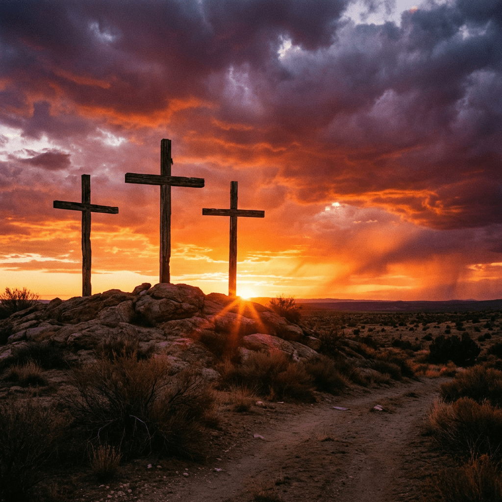 Three wooden crosses stand on a rocky hill against a fiery sunset and dark clouds.