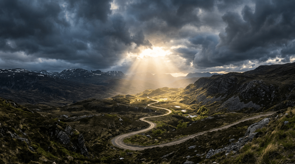 Winding mountain road with sun rays shining through dark clouds