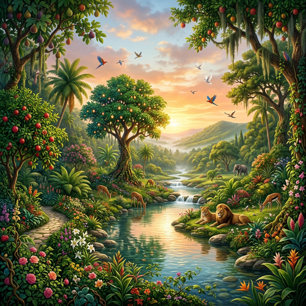 Tropical river valley with lions, deer, birds, and elephant